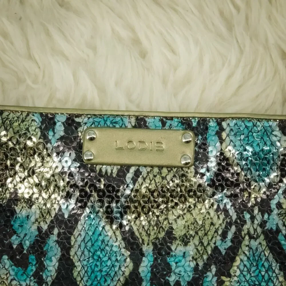 Lodis Snake Snakeskin Print Sequin Leather Trim Small Zip Wristlet Clutch Bag